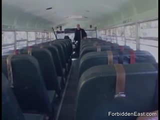 Naughty oriental college femme fatale gives blowjob on the college bus