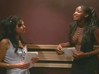 Concupiscent Interracial lesbian sex film in elevator